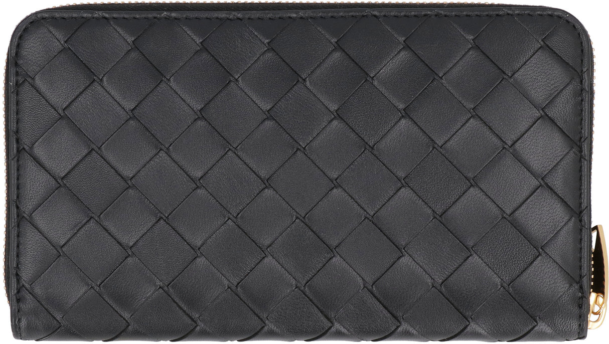 Black Intrecciato Leather Zip-Around Wallet for Women