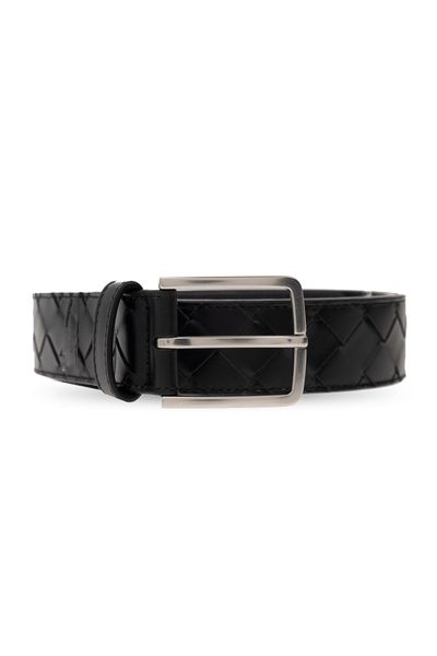 BOTTEGA VENETA Men's Black Leather Intrecciato Belt with Silver-Tone Metal Buckle