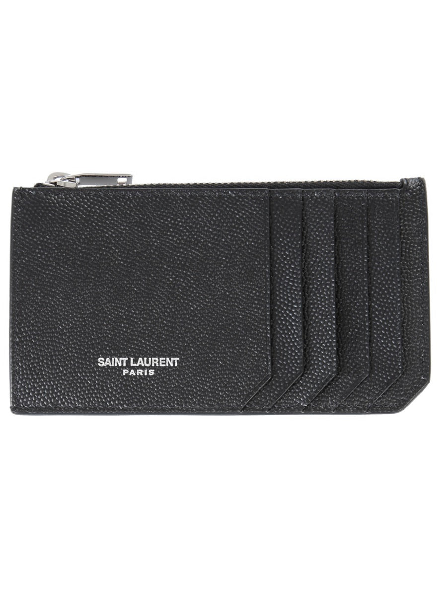 SAINT LAURENT Men's Mini Leather Card Holder with Zip Pocket