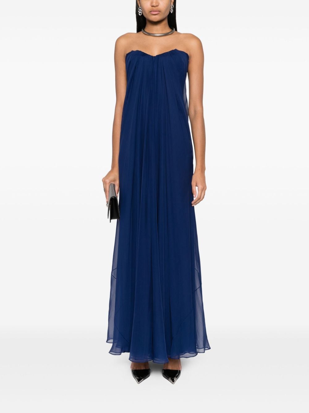 ALEXANDER MCQUEEN Navy Blue Silk Draped Bustier Dress