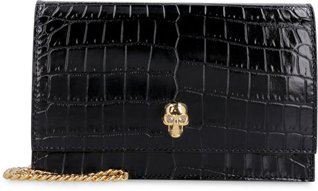 ALEXANDER MCQUEEN Elegant Crocodile Print Leather Clutch with Embellished Metal Skull and Chain Strap