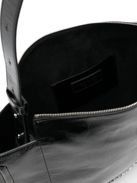 Crinkled Black Leather Crossbody Bag with Adjustable Strap