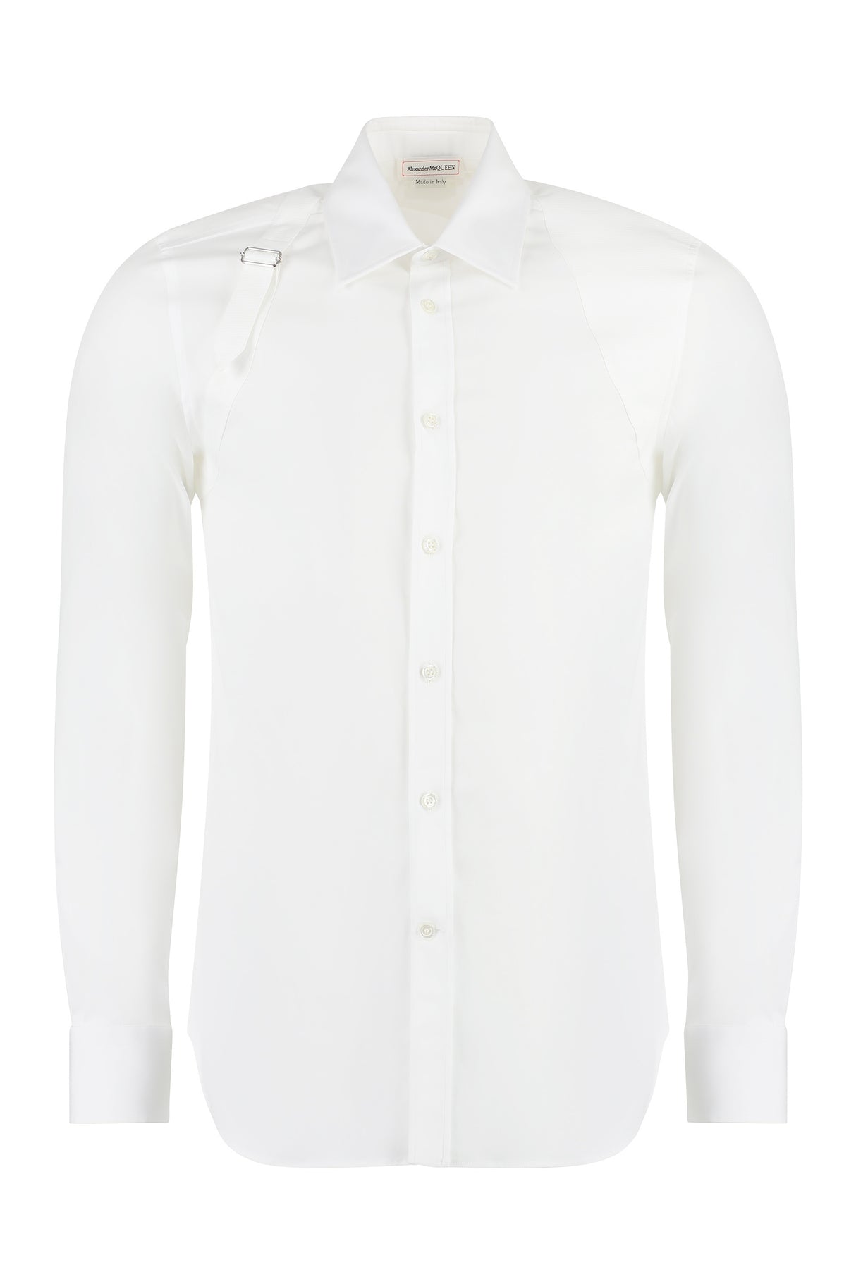 Men's White Cotton Poplin Shirt with Metal Buckle and Rounded Hem for FW23