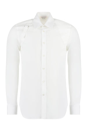 Men's White Cotton Poplin Shirt with Metal Buckle and Rounded Hem for FW23