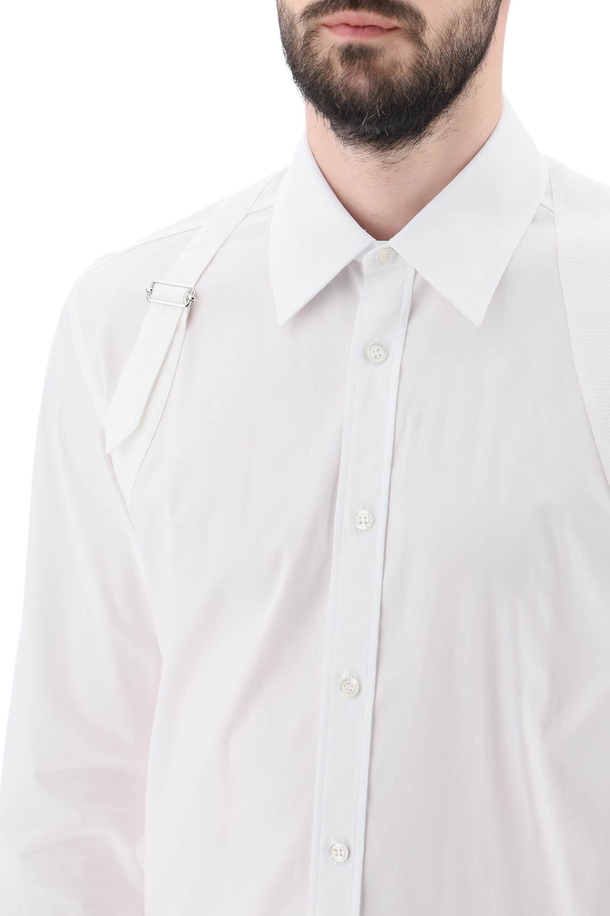 ALEXANDER MCQUEEN Men's White Cotton Poplin Shirt with Metal Buckle and Rounded Hem for FW23