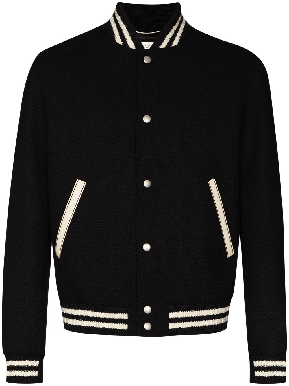 SAINT LAURENT Black Wool Bomber Jacket with Embroidered Design and Ribbed Detailing for Men