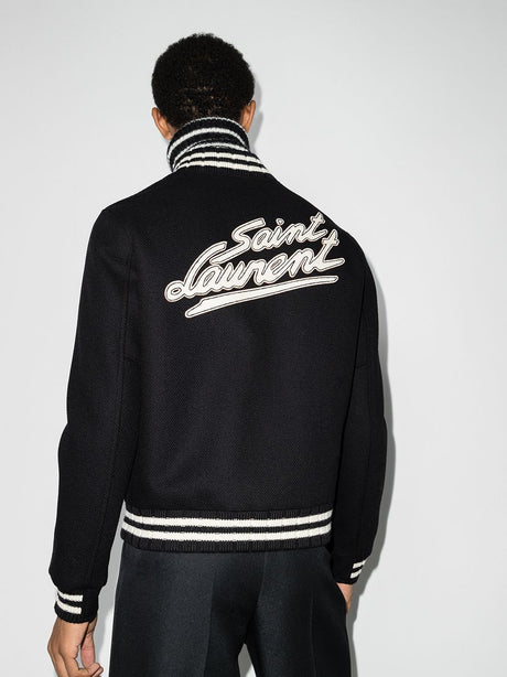 SAINT LAURENT Black Wool Bomber Jacket with Embroidered Design and Ribbed Detailing for Men