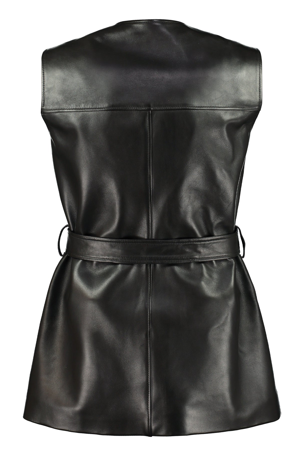 صدرية طويلة من الجلد الأسود للنساء مع أزرار شعار GG وحزام خصر مناسق