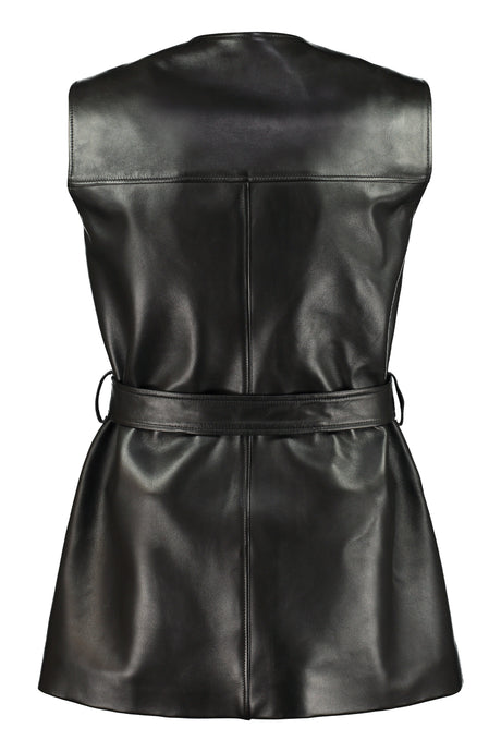 GUCCI Women's Black Leather Long Vest with GG Logo Buttons and Coordinated Waist Belt