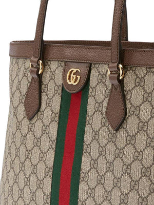 GUCCI Ophidia GG Supreme Medium Tote in Beige and Ebony with Brown Leather Trims, 38x28x14cm