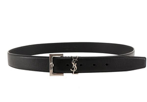 SAINT LAURENT WOMEN'S SMOOTH LEATHER CASSANDRE BELT WITH MONOGRAMMED LOOP - BLACK