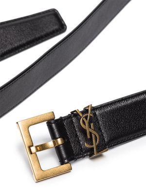 SAINT LAURENT Elegant Calfskin Black Belt with Brass Logo for Women