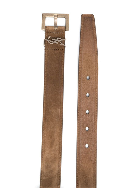 حزام جلد بني مع مشبك شعار للرجال - مجموعة SS24