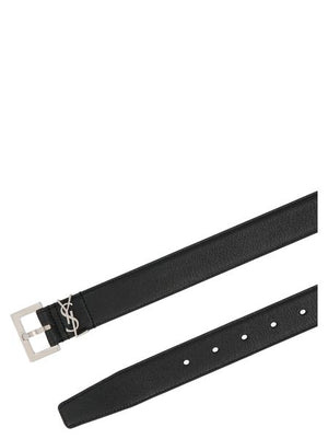 Monogram-Plaque Black Leather Belt للرجال