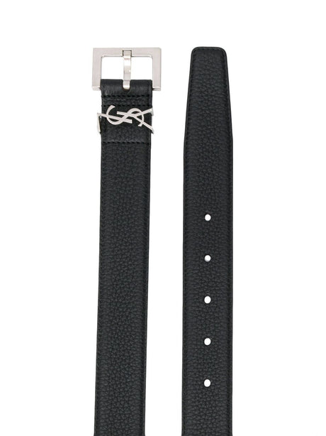 男士黑色麂皮卡桑德拉腰带，带方形扣和标志金属环
