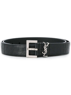 SAINT LAURENT Black Crocodile-Embossed Leather Belt with Silver-Tone YSL Loop for Men