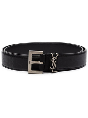 Monogram-Plaque Black Leather Belt للرجال