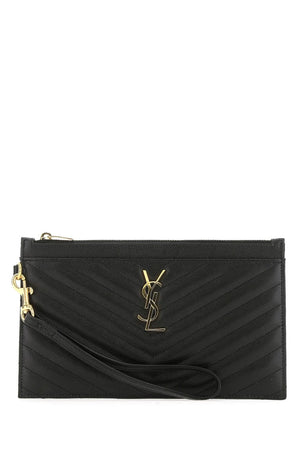 SAINT LAURENT Luxury Black Leather Clutch with Logo Plaque