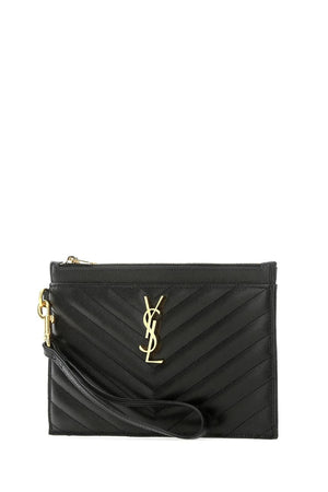 SAINT LAURENT Luxury Black Leather Clutch with Logo Plaque