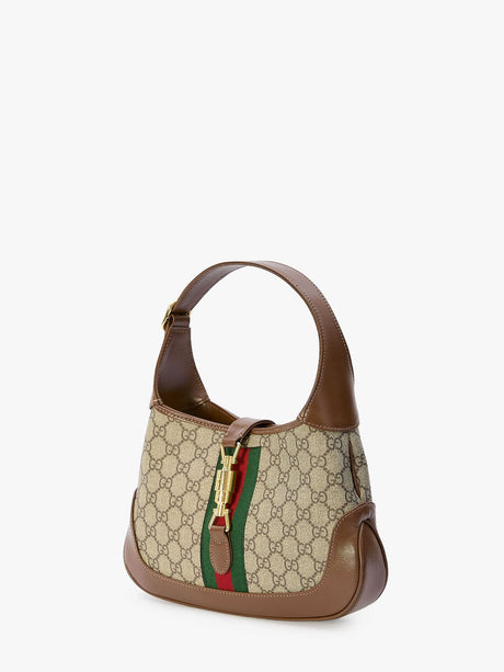 GUCCI Jackie 1961 Small Beige & Ebony Canvas and Leather Shoulder Bag with Stripe Detail and Gold-Tone Accents, 28x19x4.5 cm