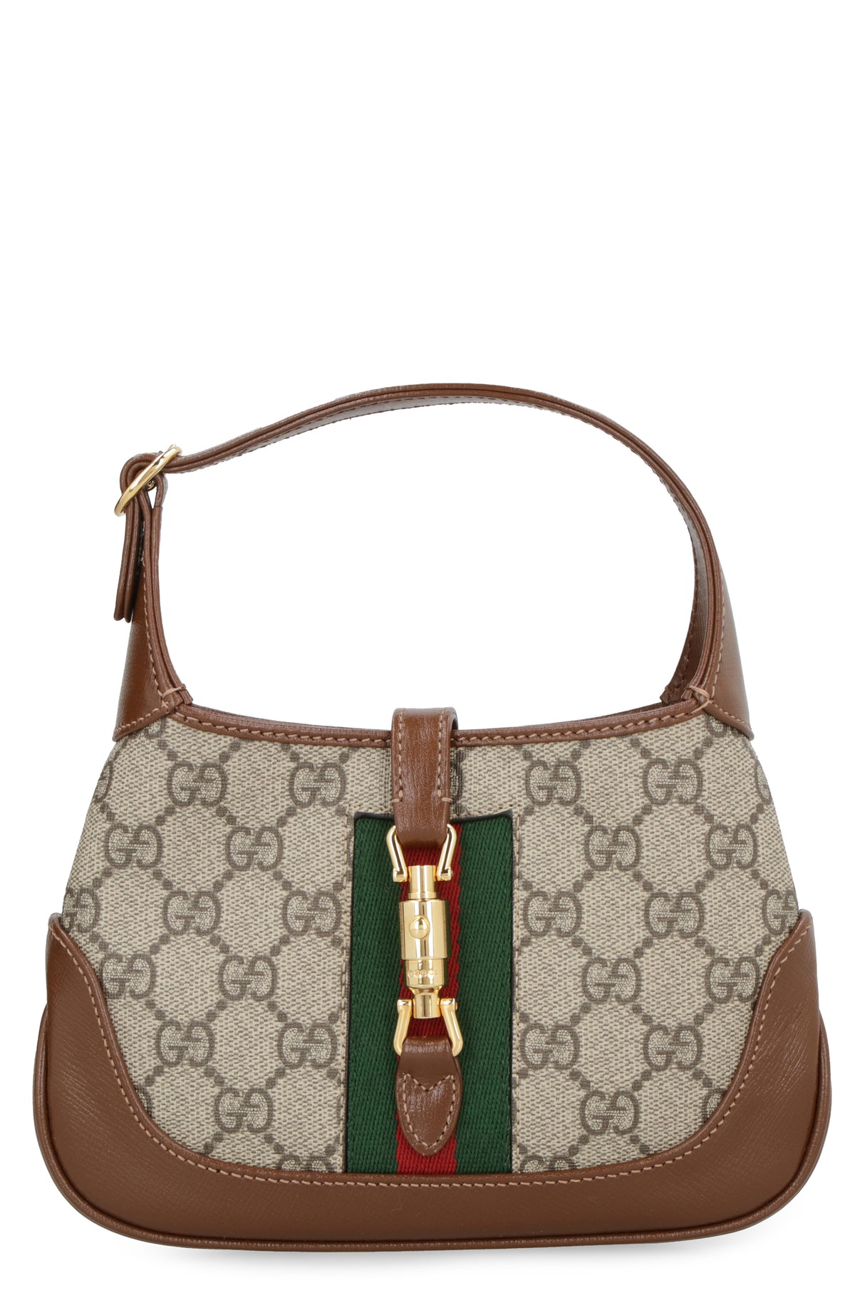 GUCCI Mini Jackie 1961 Beige & Ebony GG Supreme Fabric Handbag with Brown Leather & Striped Web Detail, 19x13x3 cm