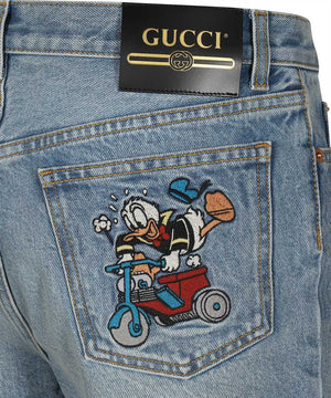 GUCCI Men's Blue Denim Shorts for SS22 - Embroidered, Back Logo, Frayed Hem