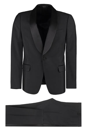 Black Two Piece Suit with Padded Shoulders, Wool & Mohair Blend