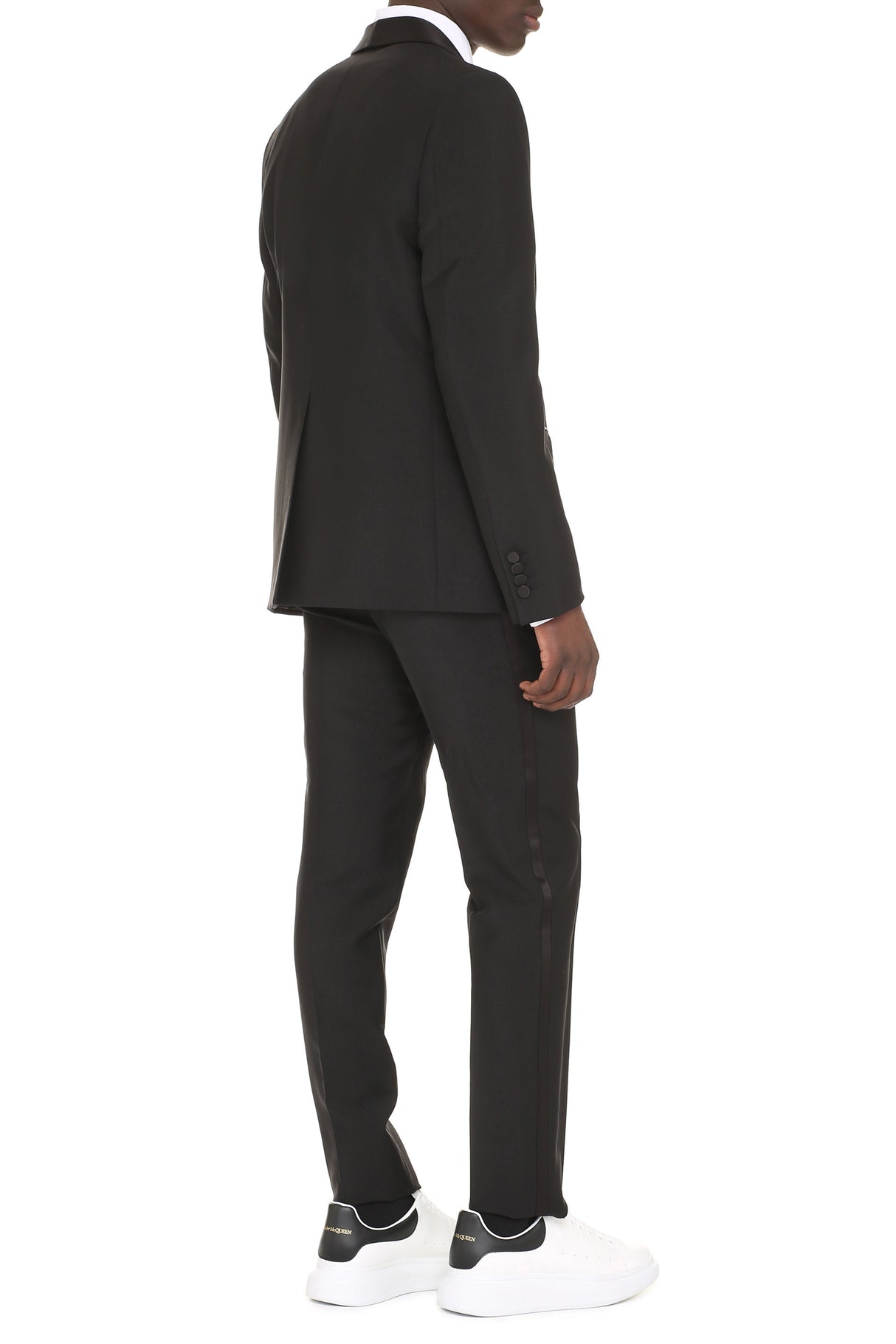 Black Two Piece Suit with Padded Shoulders, Wool & Mohair Blend