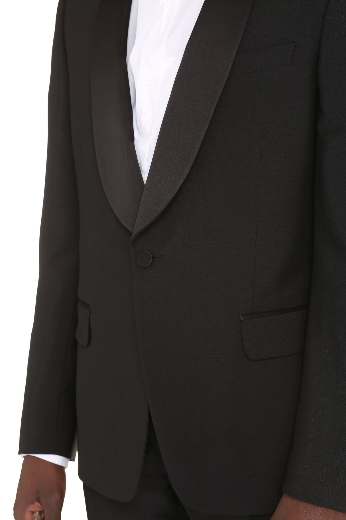 Black Two Piece Suit with Padded Shoulders, Wool & Mohair Blend