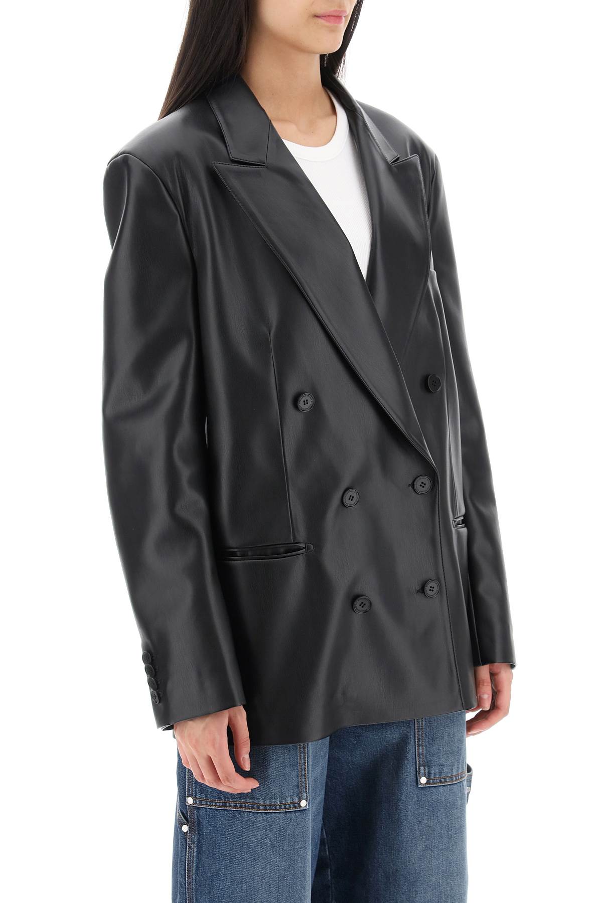 Women's Black Vegan Leather Blazer with Lapel Collar - FW23 Outerwear