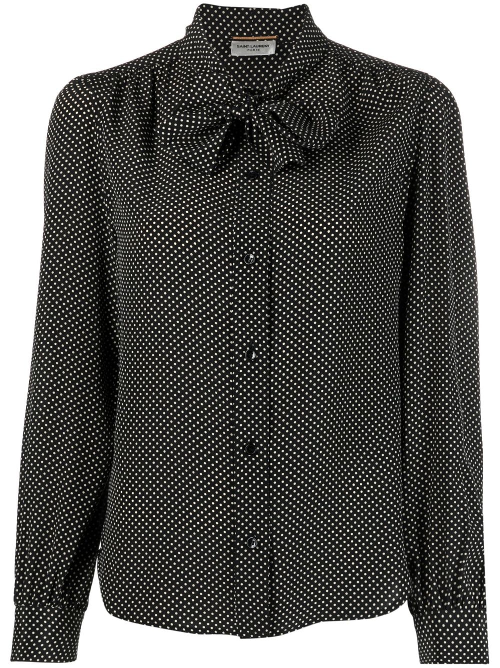 SAINT LAURENT Polka Dot Silk Pussy Bow Blouse for Women - Black