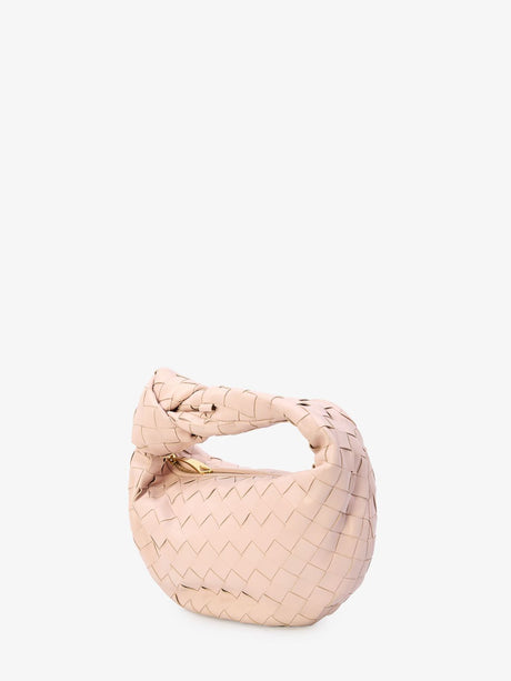 BOTTEGA VENETA Mini Jodie Pink Lambskin Handbag with Intrecciato Weave, Gold-Tone Hardware, and Knotted Handle (23x28x8 cm)