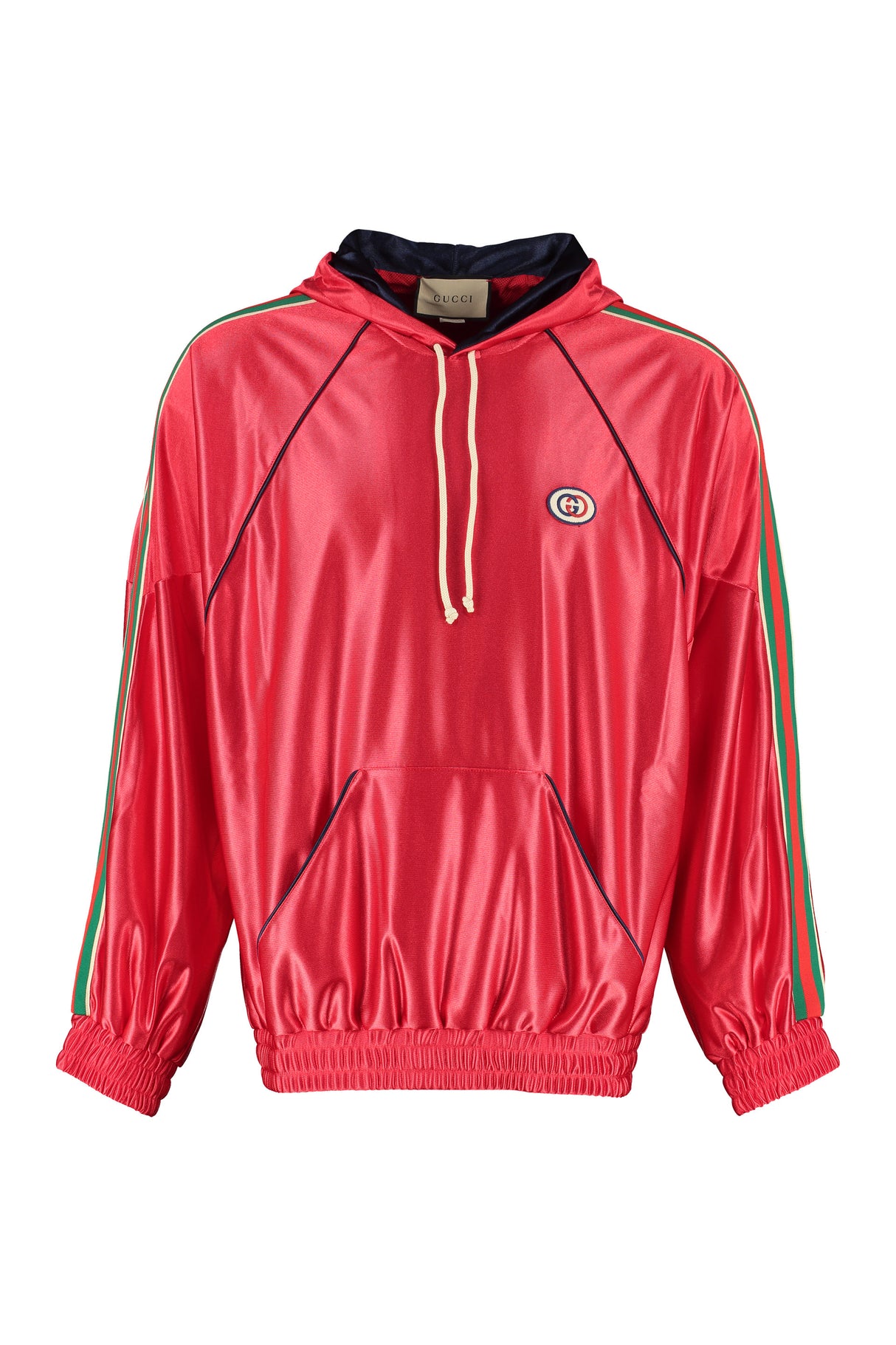 GUCCI Men's Red Mesh Lined Hooded Sweatshirt with Green-Red-Green Web Detail