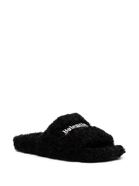 Furry Slide Sandals in Black with Embroidered Political Campaign Logo