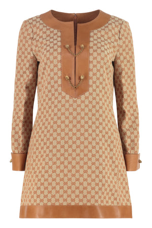 GUCCI Beige Jacquard Mini Dress with Leather Details