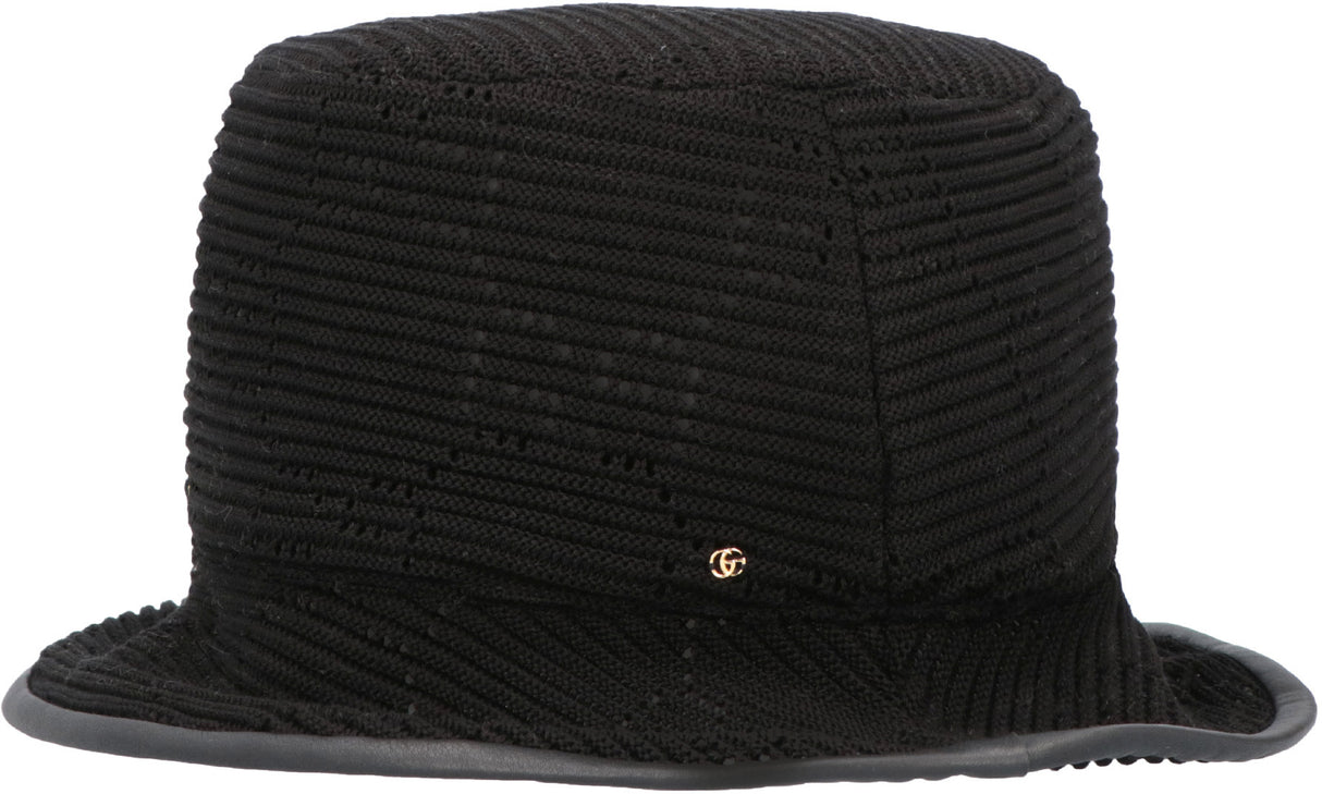 GUCCI Black Knit Beanie with Leather Trimming for Women