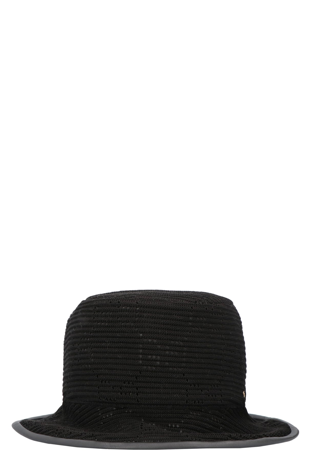 精緻黑色針織帽子，皮革飾邊與開孔細節，適合女性 - FW21