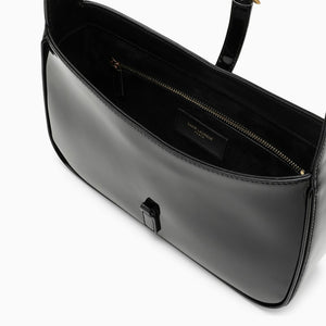 SAINT LAURENT Black Patent Leather Shoulder Handbag with Metallic Logo and Adjustable Handle