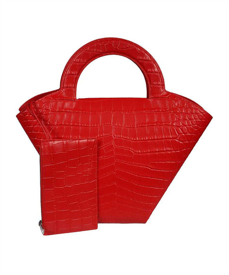 紅色鱷魚紋皮革手提包，附可拆卸拉鍊口袋