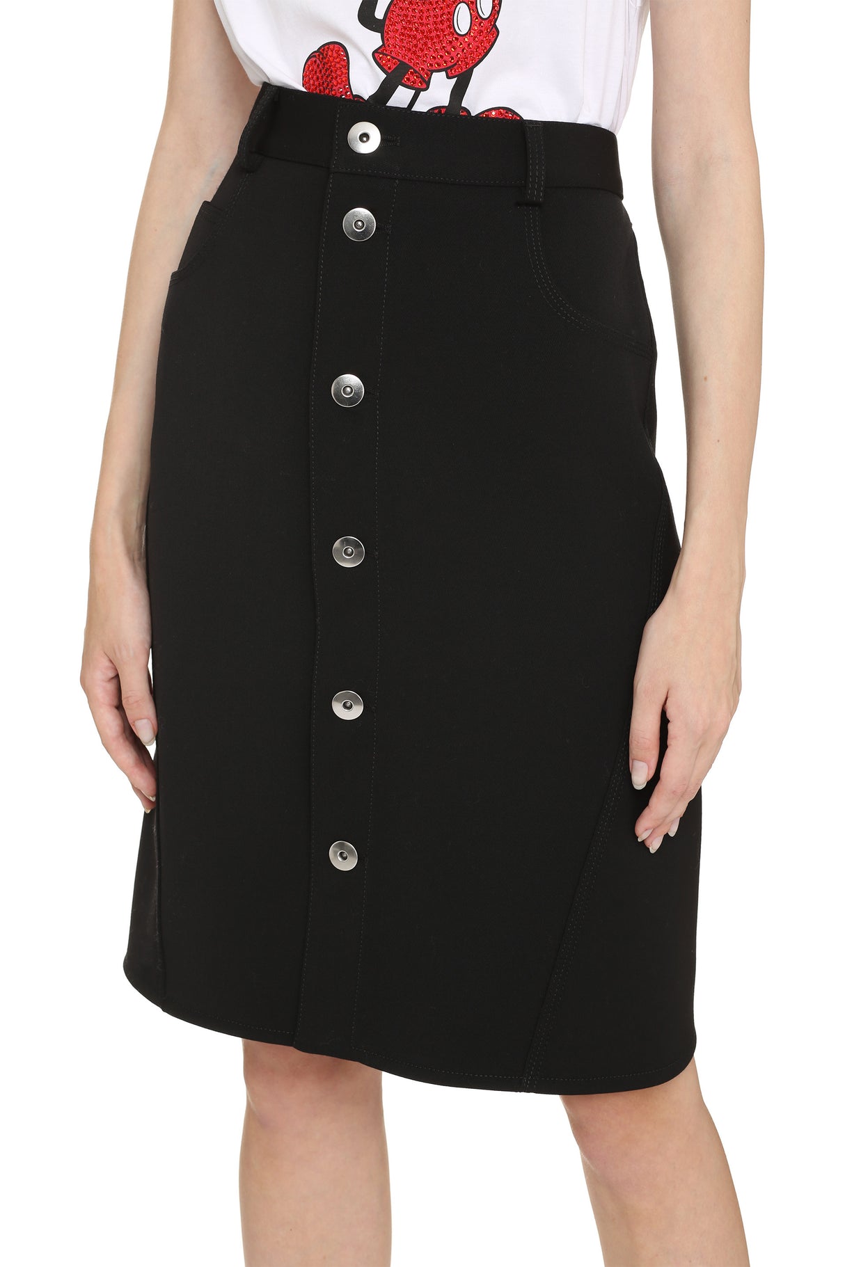 BOTTEGA VENETA Black Stretch Wool Skirt with Button Fastening and Back Ruffle Detail for Women