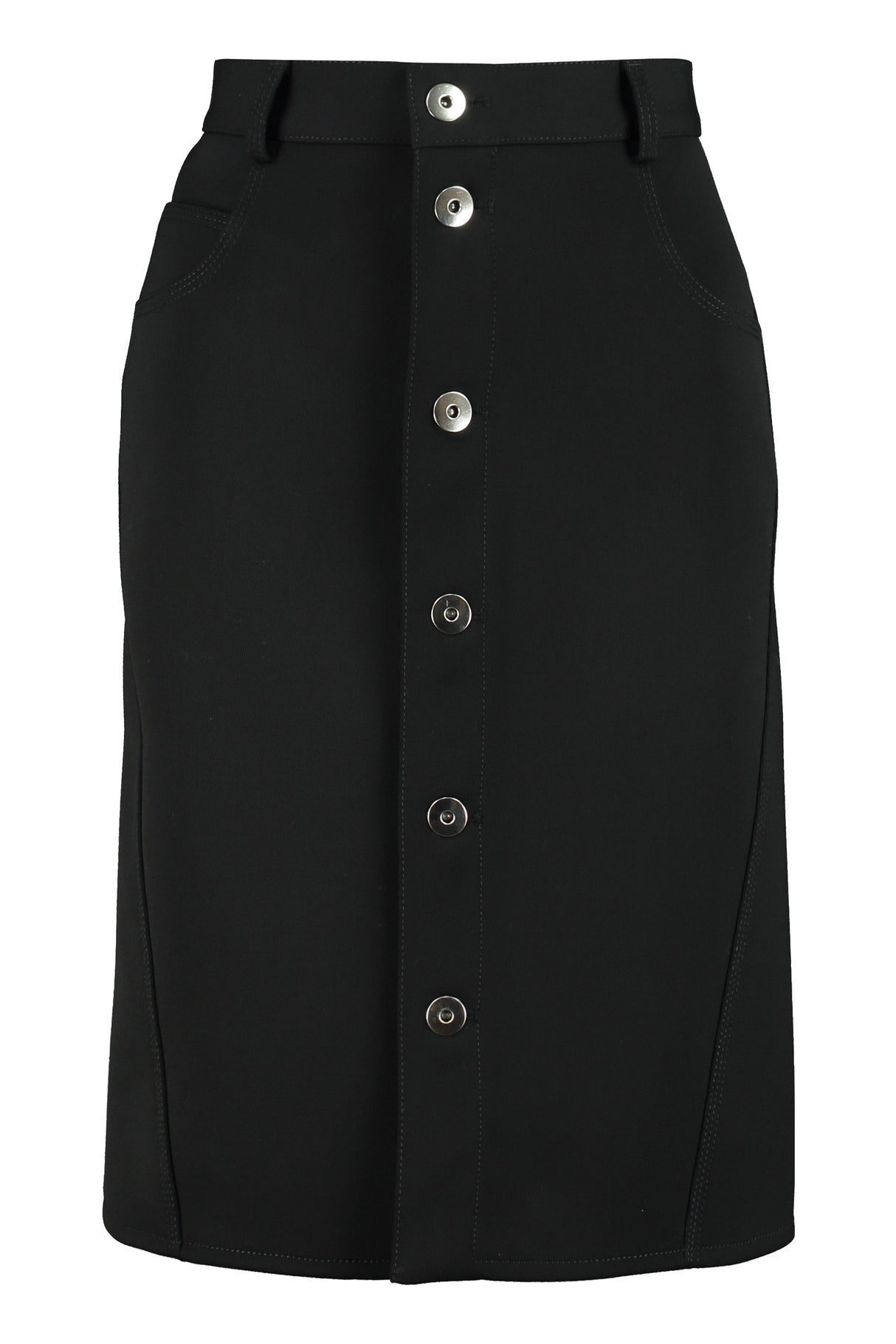 BOTTEGA VENETA Black Stretch Wool Skirt with Button Fastening and Back Ruffle Detail for Women