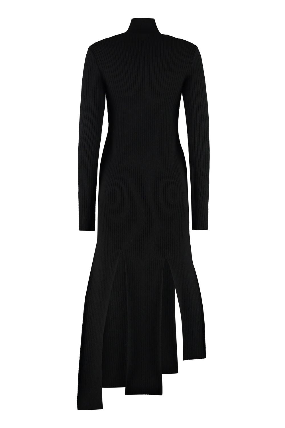 BOTTEGA VENETA Black Ribbed Knit Dress with Asymmetric Hem and Slits