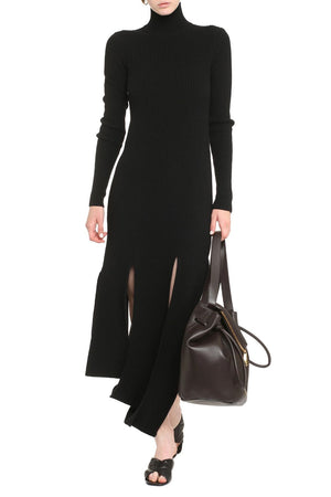 BOTTEGA VENETA Black Ribbed Knit Dress with Asymmetric Hem and Slits