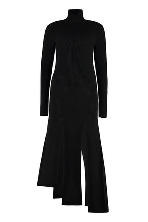 BOTTEGA VENETA Black Ribbed Knit Dress with Asymmetric Hem and Slits