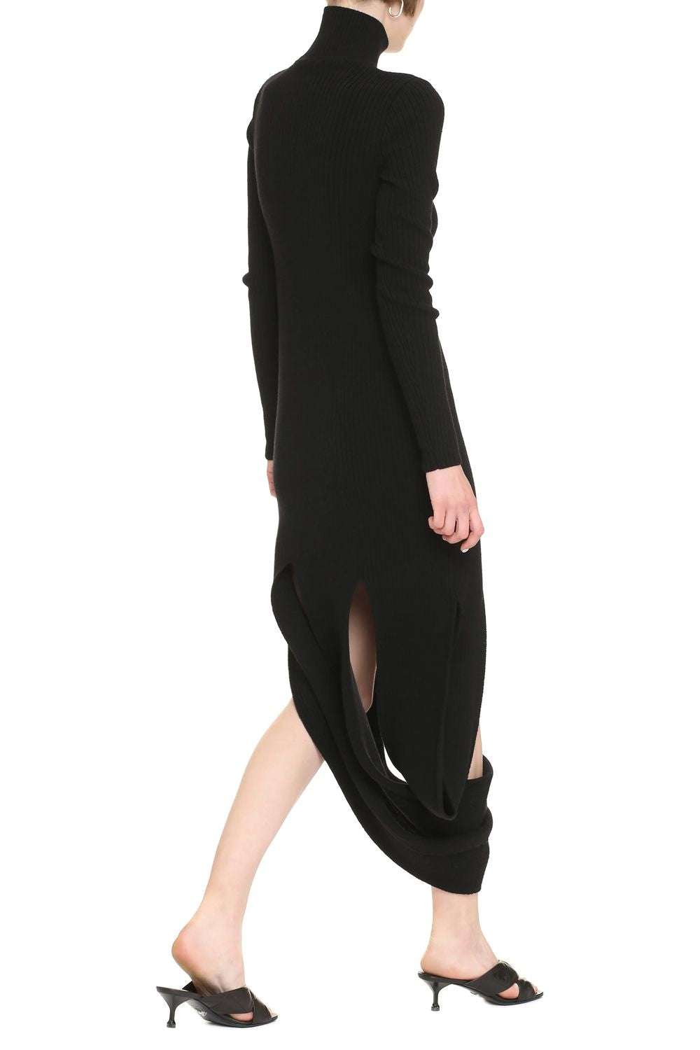 BOTTEGA VENETA Black Ribbed Knit Dress with Asymmetric Hem and Slits