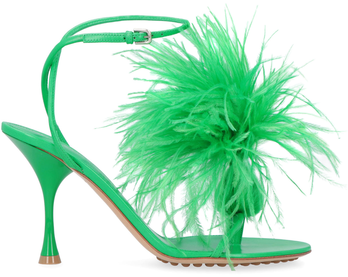 Elegant Green Leather Sandals with Ostrich Feather Detail and Adjustable Ankle Strap for Women