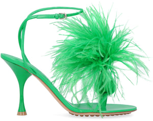 BOTTEGA VENETA Elegant Green Leather Sandals with Ostrich Feather Detail and Adjustable Ankle Strap for Women