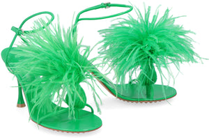 Elegant Green Leather Sandals with Ostrich Feather Detail and Adjustable Ankle Strap for Women