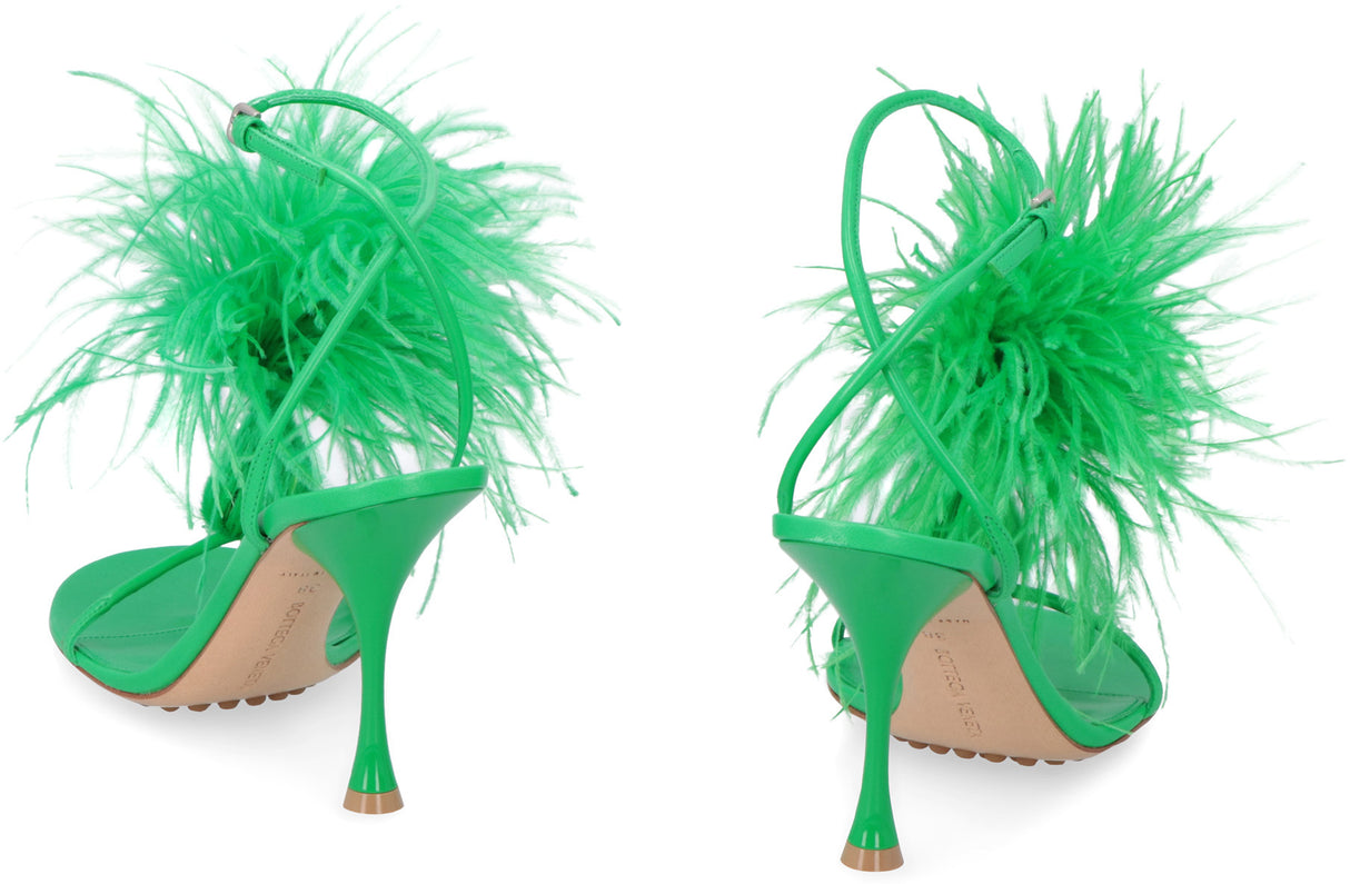 BOTTEGA VENETA Elegant Green Leather Sandals with Ostrich Feather Detail and Adjustable Ankle Strap for Women