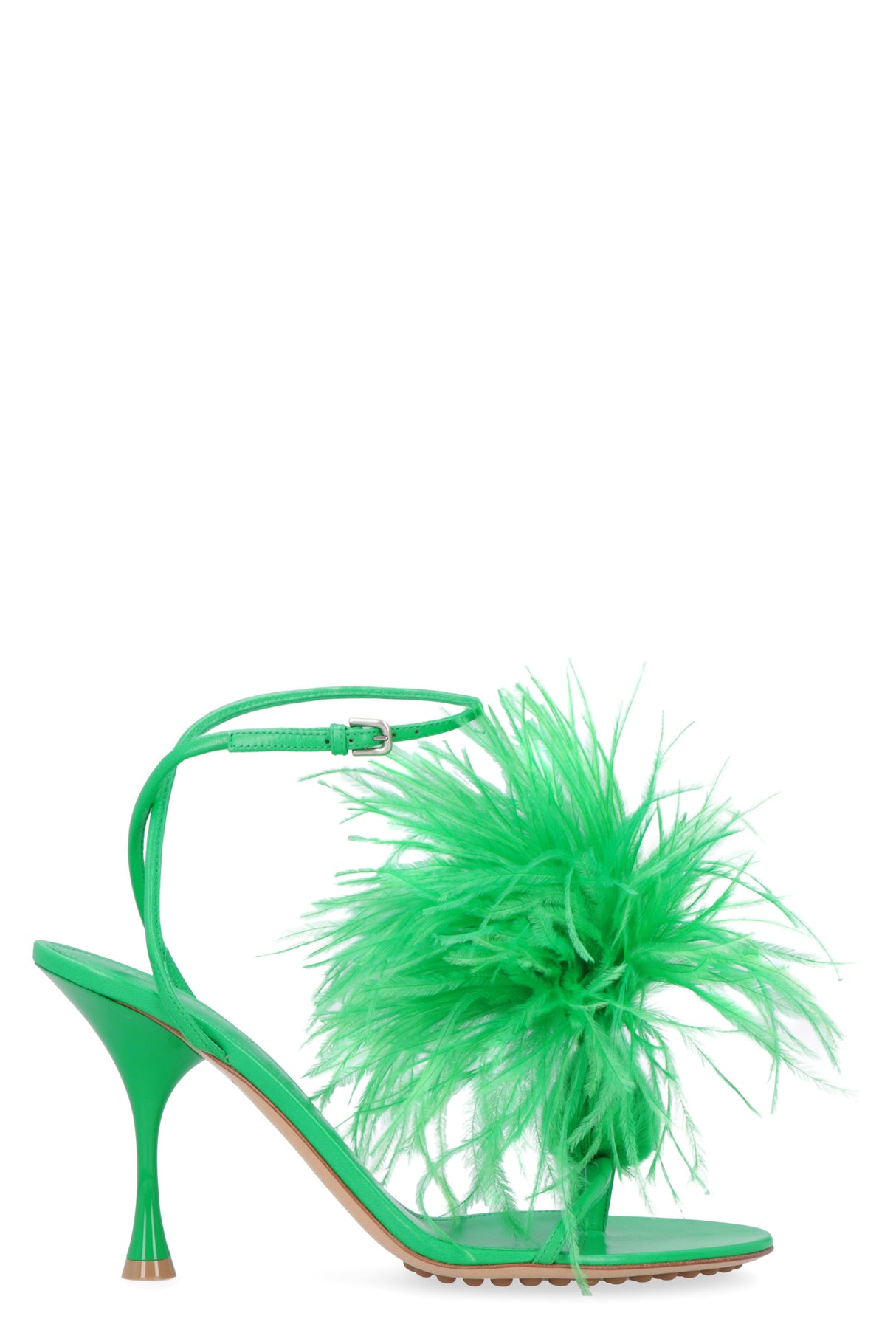 Elegant Green Leather Sandals with Ostrich Feather Detail and Adjustable Ankle Strap for Women